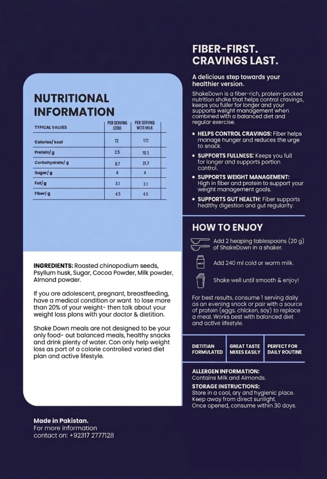 ShakeDown back-of-pack nutrition panel